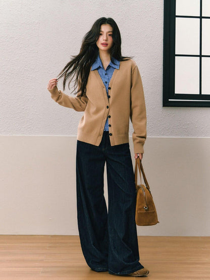 7Shiftin Yellow V-neck Relaxed Solid Long Sleeve Women&