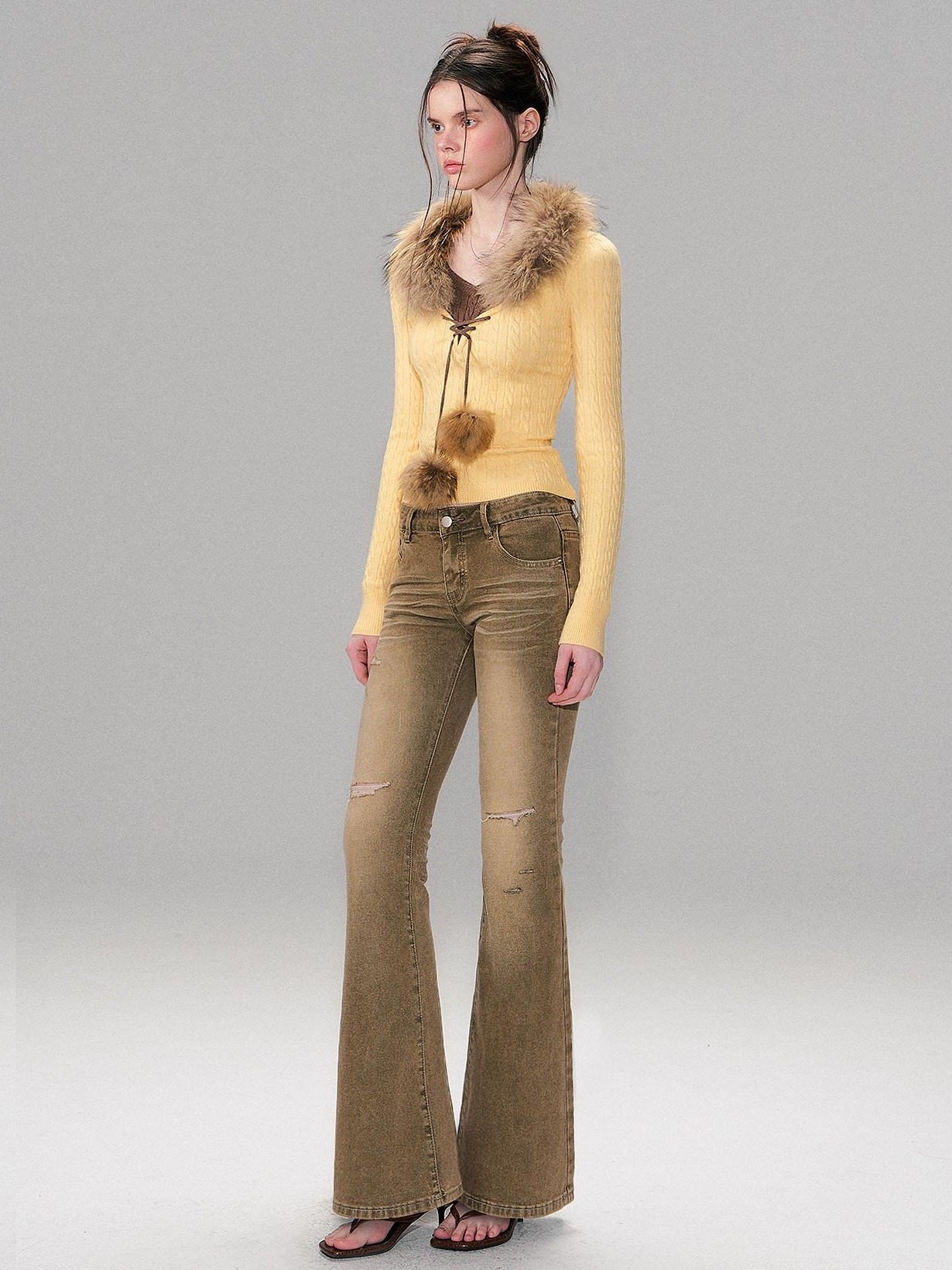 The NeverMore Brown Washed Low Rise Ripped Sexy Slim Fit Cotton Slight Stretch Womens Jeans