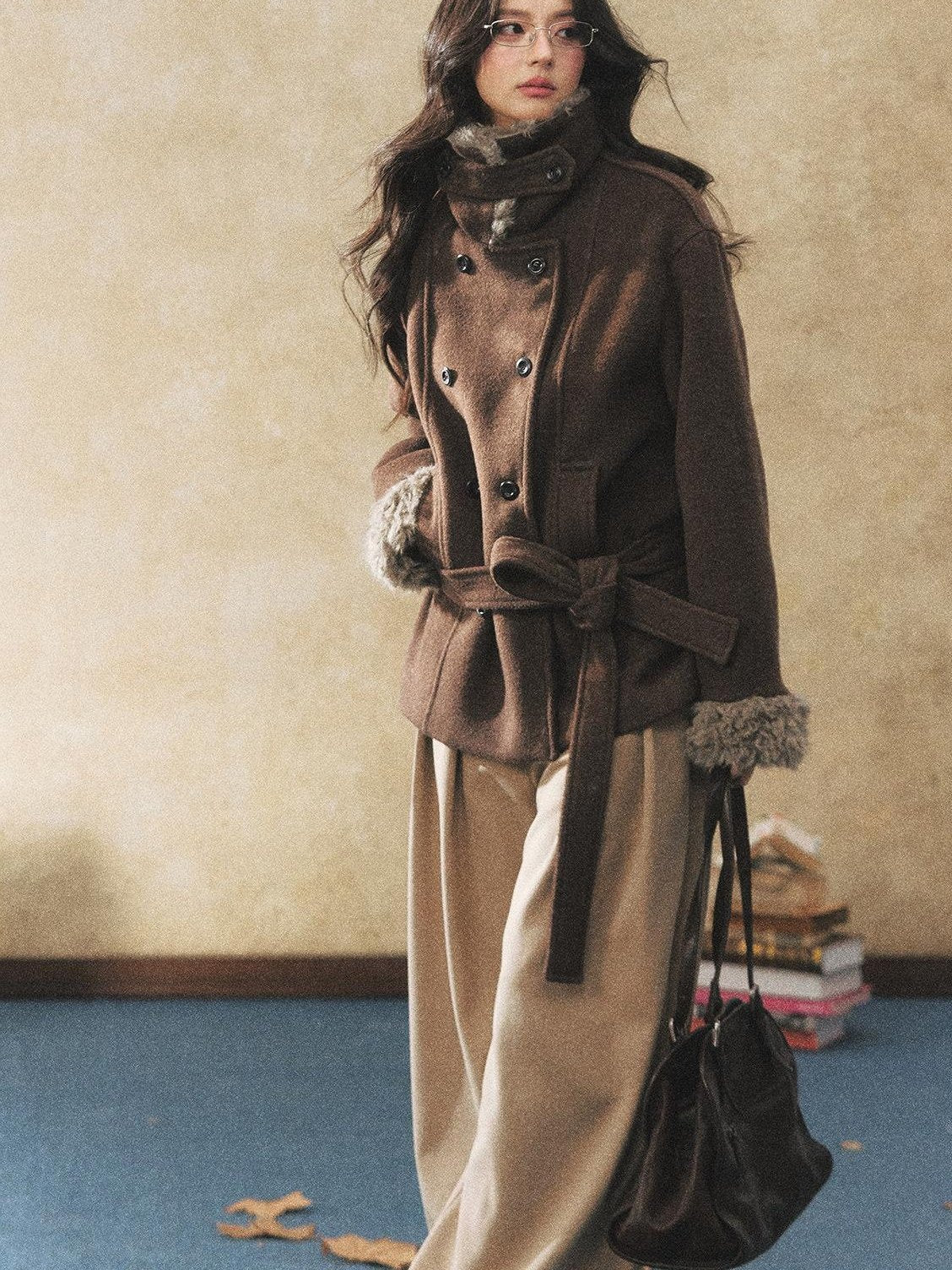 7Shiftin Warm Waist Cinched Casual Mid Length Fur Collar Double Breasted Brown Coats