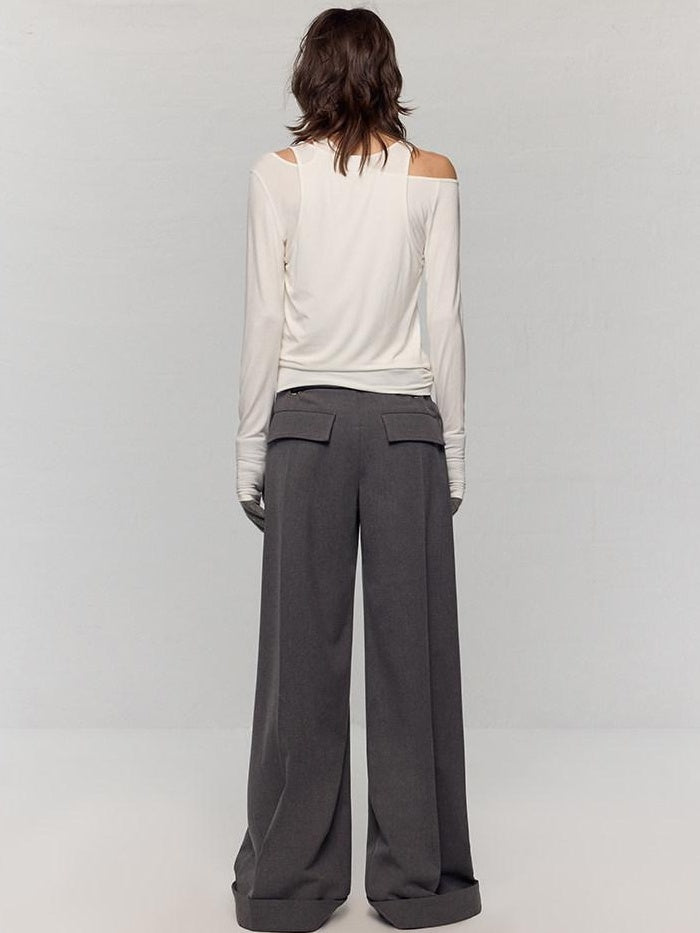 RUN TO THE FUTURE Minimalist Original Tie Detail Low Rise Zipper Women Rock Gray Wide-Leg Pants