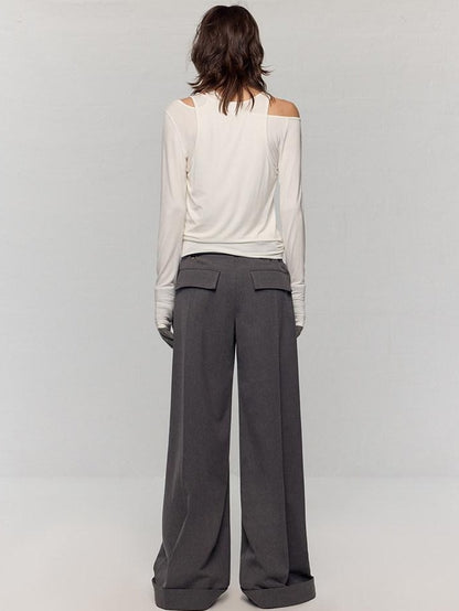 RUN TO THE FUTURE Minimalist Original Tie Detail Low Rise Zipper Women Rock Gray Wide-Leg Pants