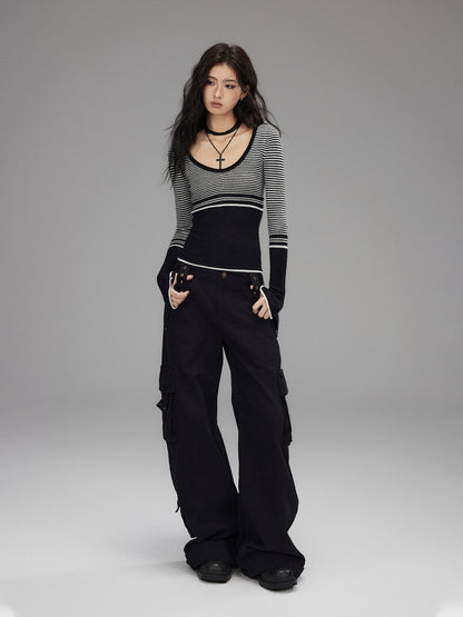 Low pixel Washed Low Rise Wide Leg Utility Loose Fit Womens Black Cargo Pants