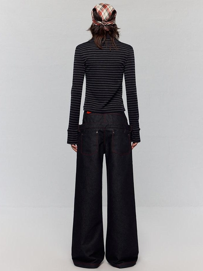RUN TO THE FUTURE Low Rise Colorblock Loose Fit Zip Fly Black Denim Stretch Wide-Leg Jeans