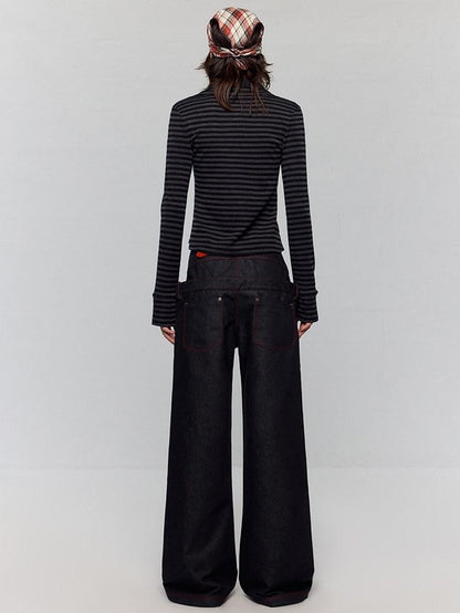 RUN TO THE FUTURE Low Rise Colorblock Loose Fit Zip Fly Black Denim Stretch Wide-Leg Jeans