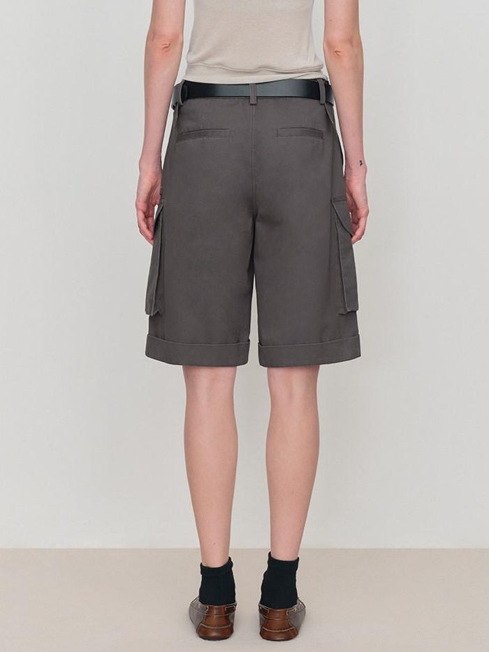 RUN TO THE FUTURE Low Rise Pockets Wide Leg Loose Cotton Women Dark Gray Zip Fly Short Trousers