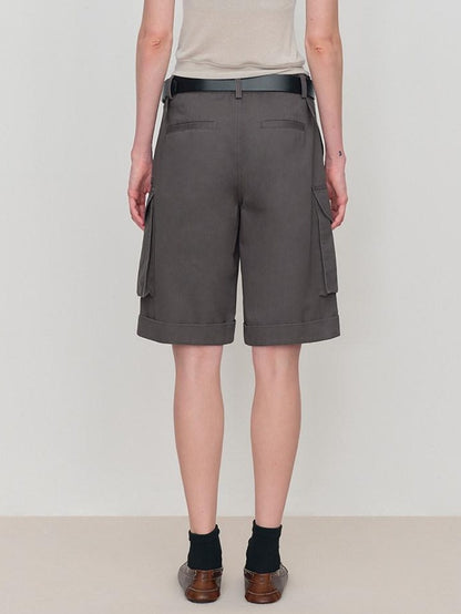 RUN TO THE FUTURE Low Rise Pockets Wide Leg Loose Cotton Women Dark Gray Zip Fly Short Trousers