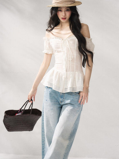 7Shiftin Cooling Breathable Light Waist Slim Women Cotton Tee Off Shoulder Crop Tops
