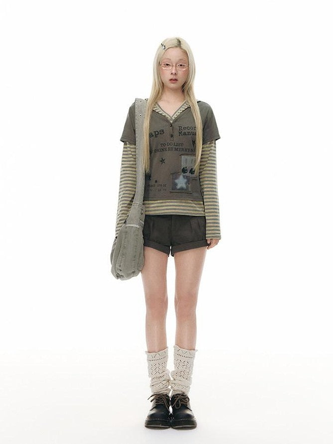 NAPSNAPS Dark Green Waist Patchwork Rolled Hem Women&