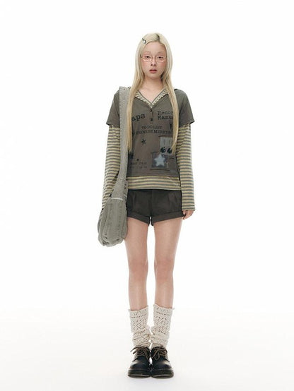 NAPSNAPS Dark Green Waist Patchwork Rolled Hem Women&