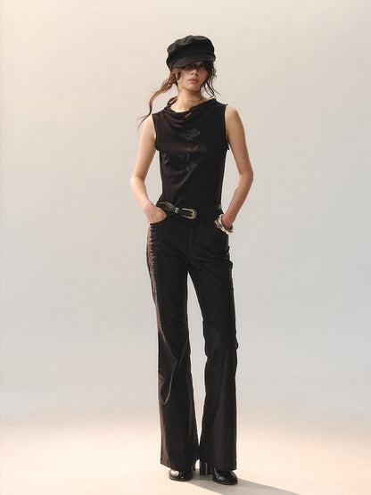 AnnoMundi Polyester Rayon Blend Embroidered Regular Fit Women Layering Black Tank Tops
