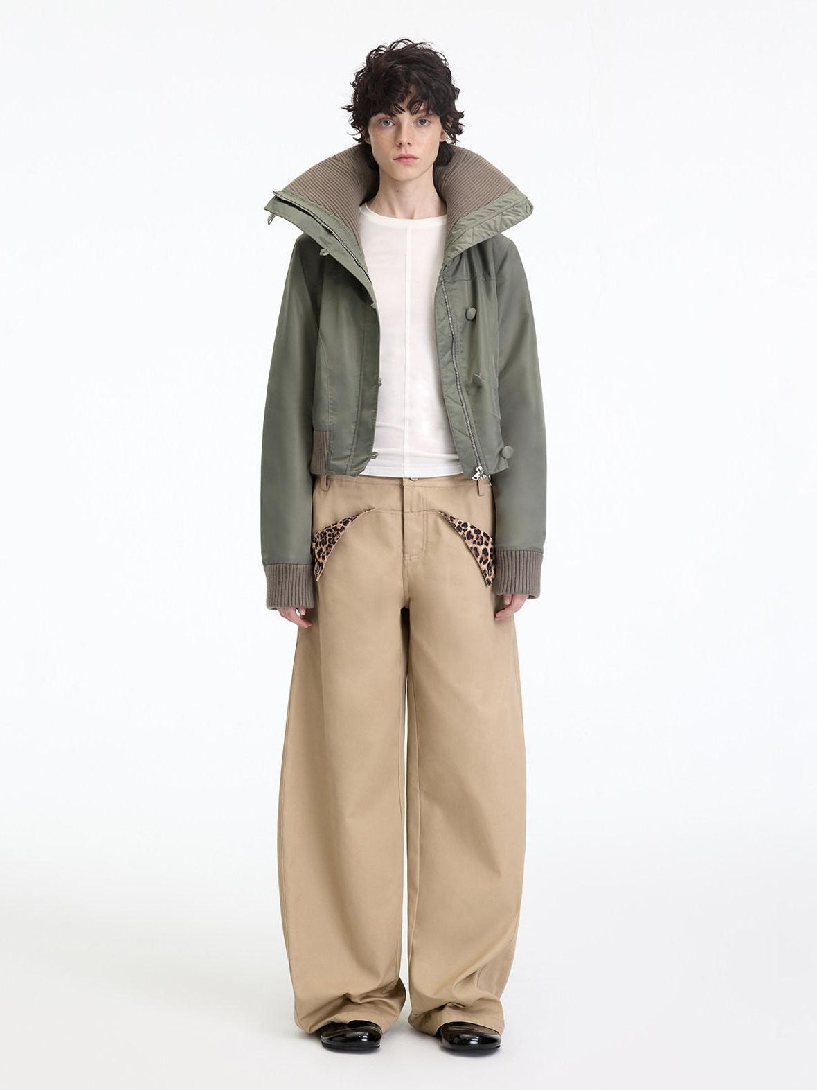 RUN TO THE FUTURE Leopard Patchwork Casual Loose Straight Leg Mid Rise Zip Fly Cotton Khaki Chinos