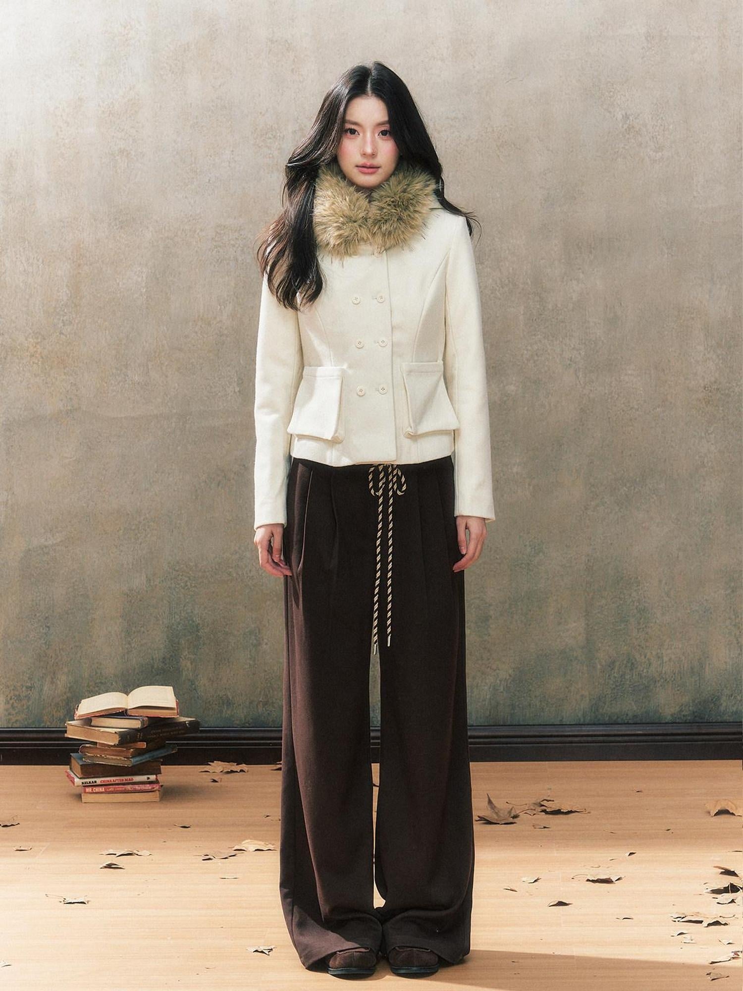 7Shiftin Brown Drawstring Pocket Natural Waist Original Straight Women Wide Leg Pants