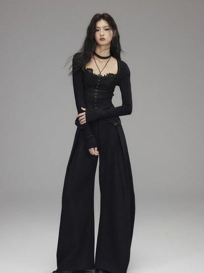Low pixel Black Wool Blend Low Rise Zipper Casual Straight Hem Women Wide Leg Pants