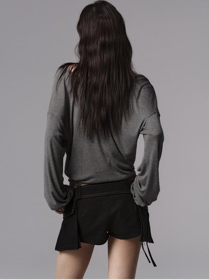 Low pixel Lyocell Blend Goth Fitted V-neck Striped Women Long Sleeve Crop Tops