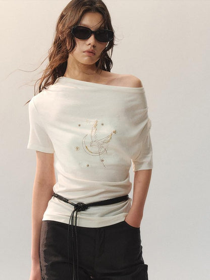 AnnoMundi Beaded Asymmetric Neck Loose Women Lyocell Stretch White Short Sleeve T-Shirts
