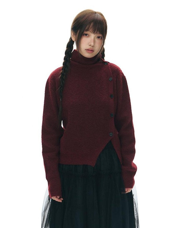NAPSNAPS Rust Red Asymmetrical Placket Knit Mock Neck Women&