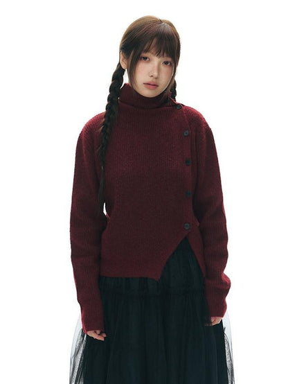 NAPSNAPS Rust Red Asymmetrical Placket Knit Mock Neck Women&