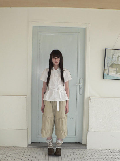 ang project Korean Turn Down Collar Single Button Tie Waist Women&