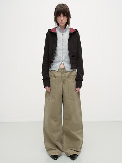 RUN TO THE FUTURE Washed Cotton Khaki Cargo Pockets Loose Mid Rise Zip Fly Casual Straight Pants
