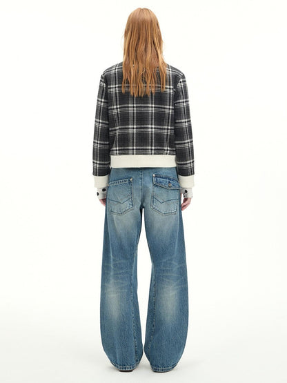 RUN TO THE FUTURE Washed Cotton Casual Natural Waist Topstitch Women Denim Blue Wide-Leg Jeans