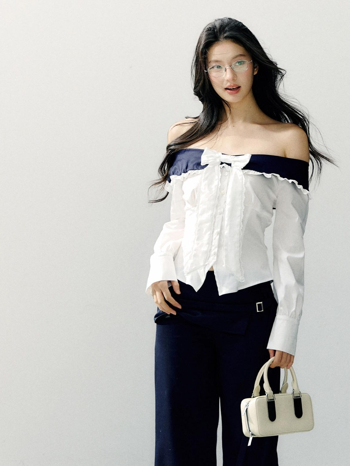 7Shiftin Slimming Off Shoulder Slim Fit Long Sleeve Cotton Bow White Blouses