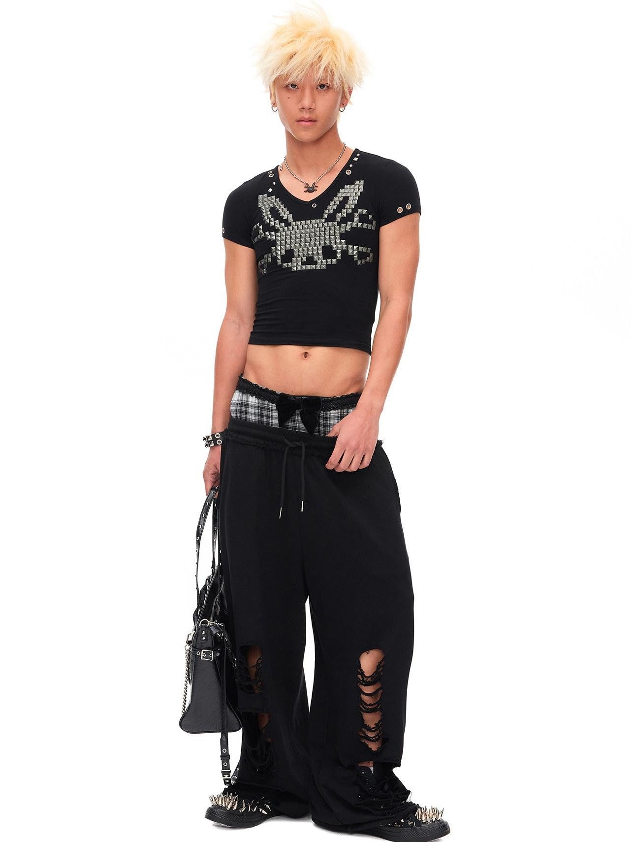 CFIERCE Velvet Bow Asymmetrical Distressed Faux Two Piece Women&