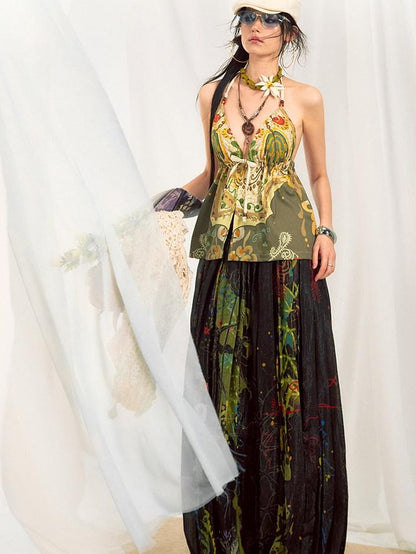 OfAkiva Bohemian Halter Tie Back Deep V Printed Slim Cropped Women&