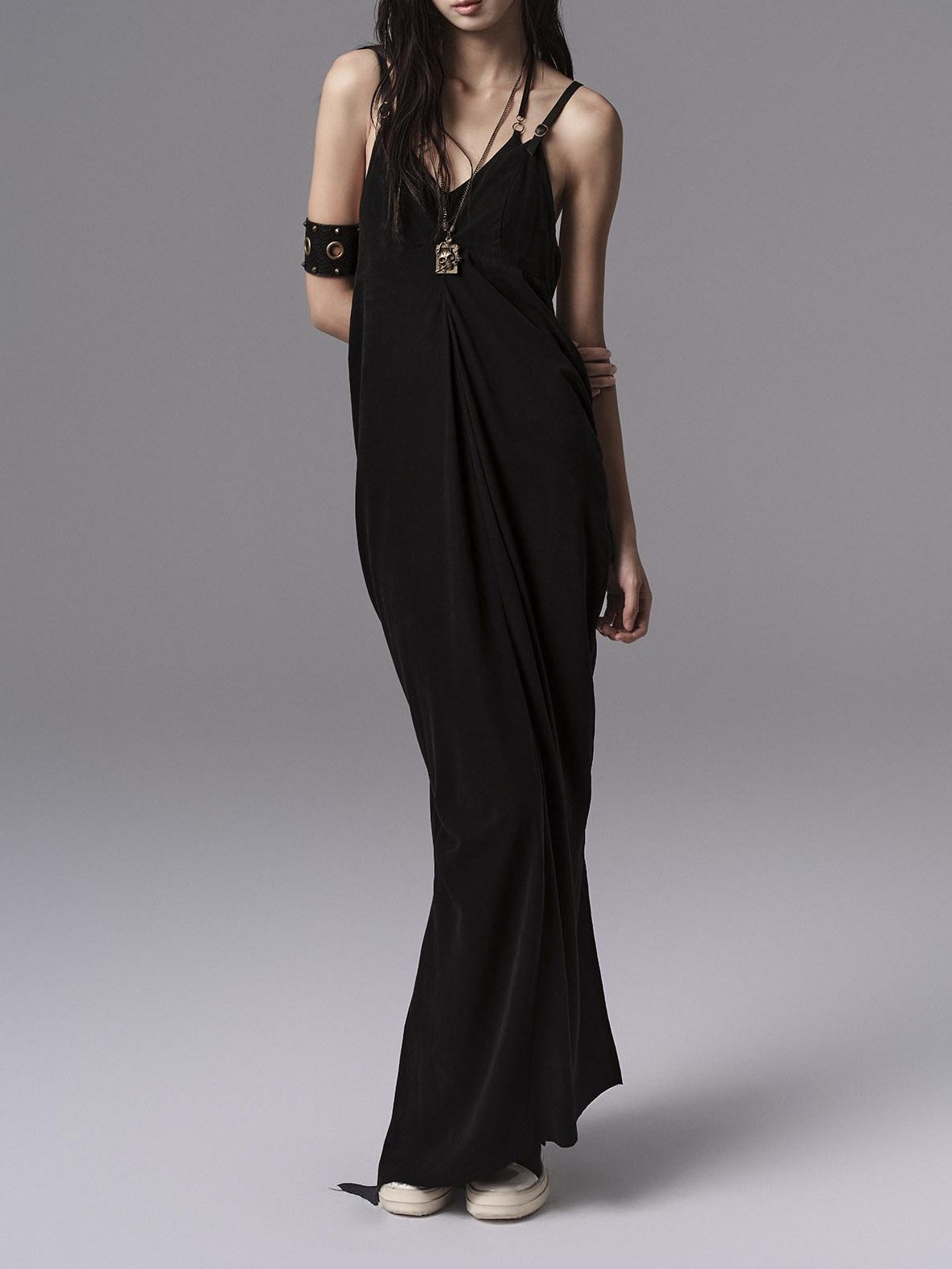 Low pixel Pure Cupro Slim Fit Dark Gothic Vneck Camisole Women Black Zip Back Maxi Dresses