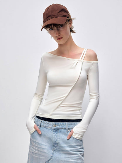 RUN TO THE FUTURE Quick Dry Modal Slim Asymmetric Neckline Cream Cropped Long Sleeve T-Shirts
