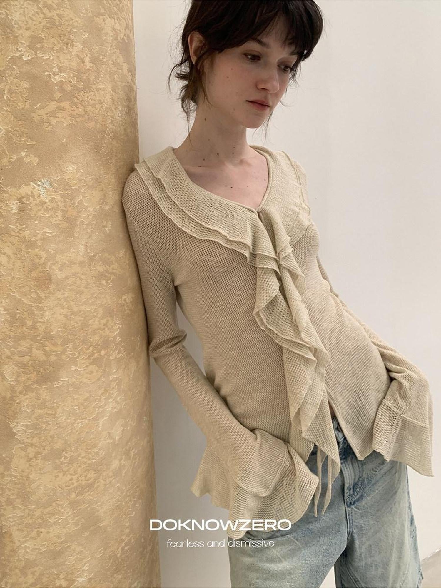 DKZ OFFICIAL Irregular Ruffle Tie V-neck Sheer Knitted Women&