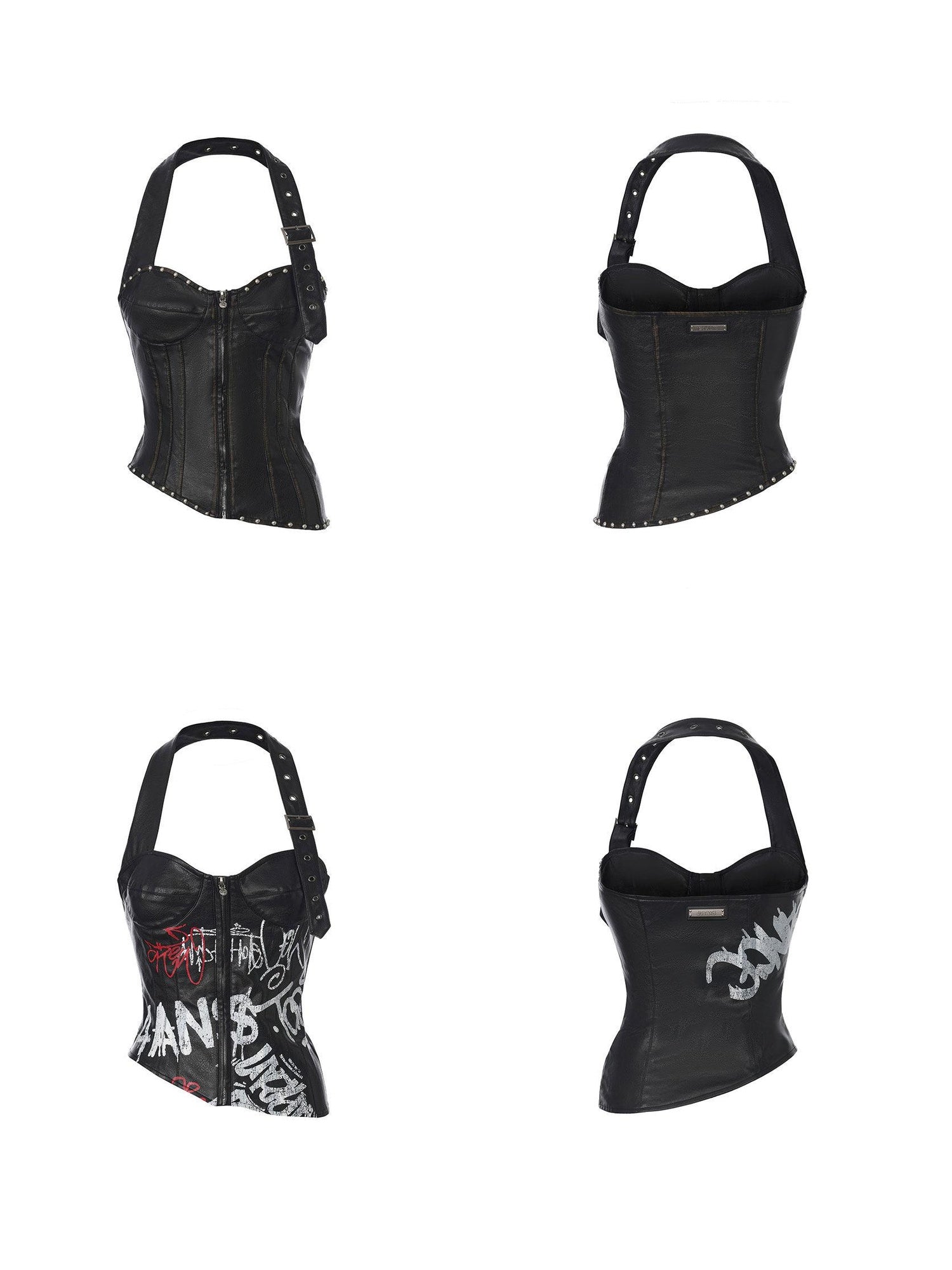 24ans Pu Cropped Halter Neck Printed Top Women Edgy Streetwear Camisoles