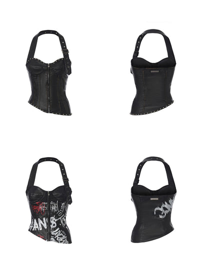 24ans Pu Cropped Halter Neck Printed Top Women Edgy Streetwear Camisoles
