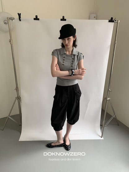 DKZ OFFICIAL Grey Double Breasted Cropped Collared Women&