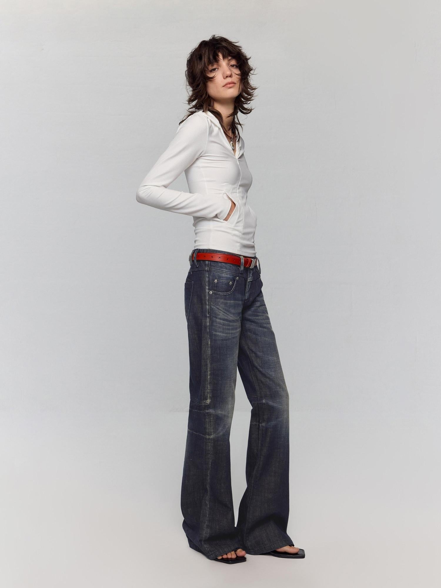 RUN TO THE FUTURE Washed Low Rise Loose Fit Casual Womens Black Stretch Denim Straight Jeans