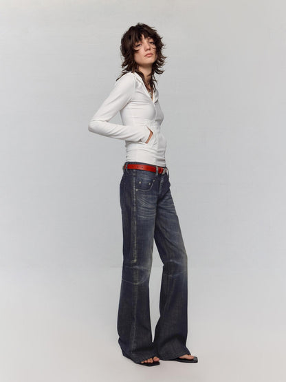 RUN TO THE FUTURE Washed Low Rise Loose Fit Casual Womens Black Stretch Denim Straight Jeans