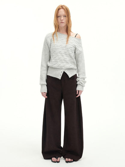 RUN TO THE FUTURE Casual Mid Low Waist Zip Fly Polyester Women Deep Brown Wide-Leg Pants