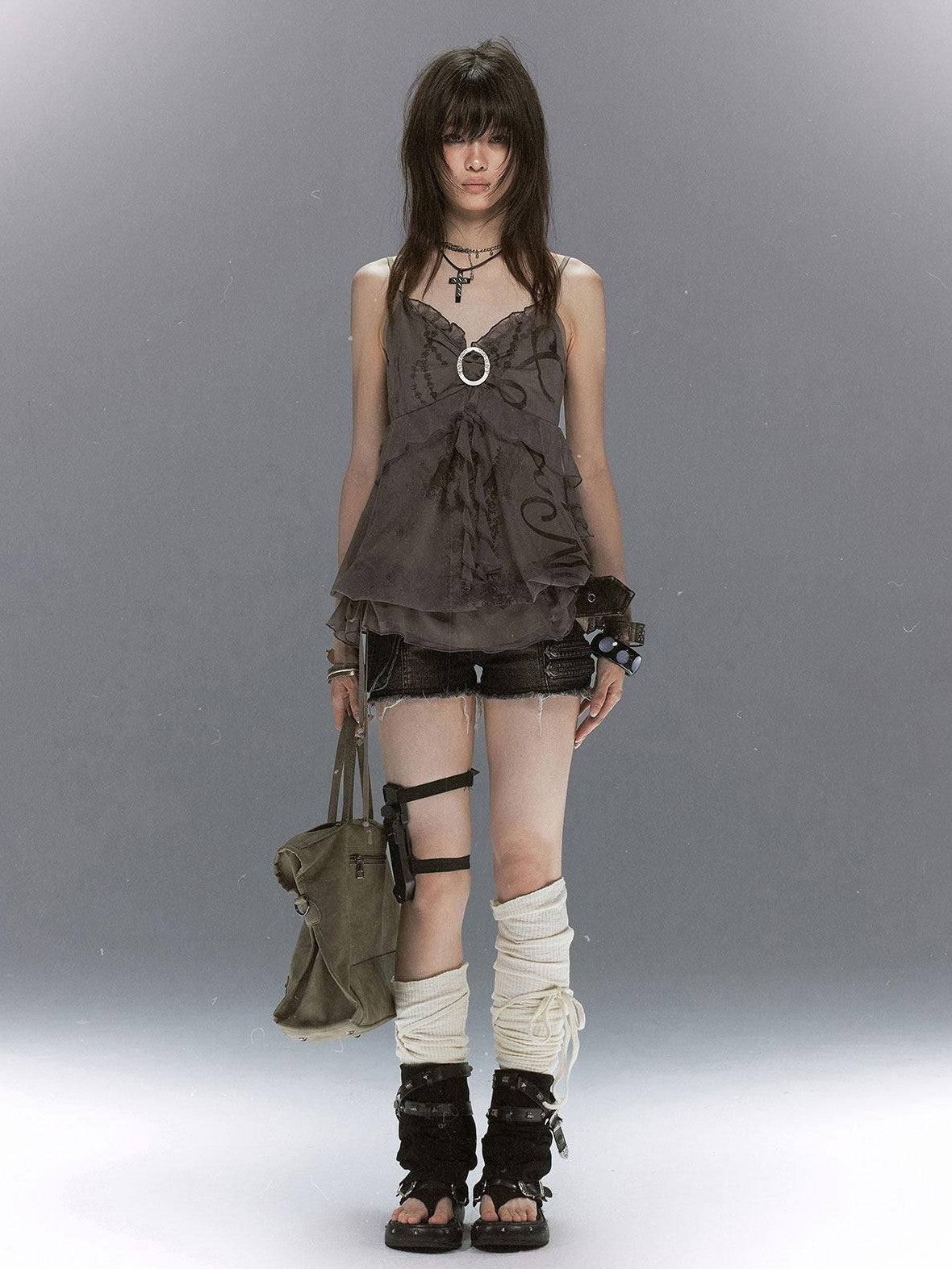 Cest Nous Grunge Punk Studded Dual Strap Detachable Women&