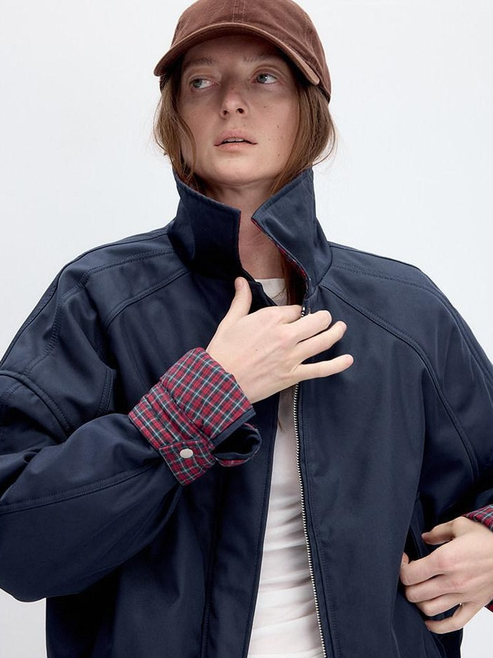 RUN TO THE FUTURE Retro Zipper Pocket Design Loose Fit Commuter Navy Solid Track Jackets