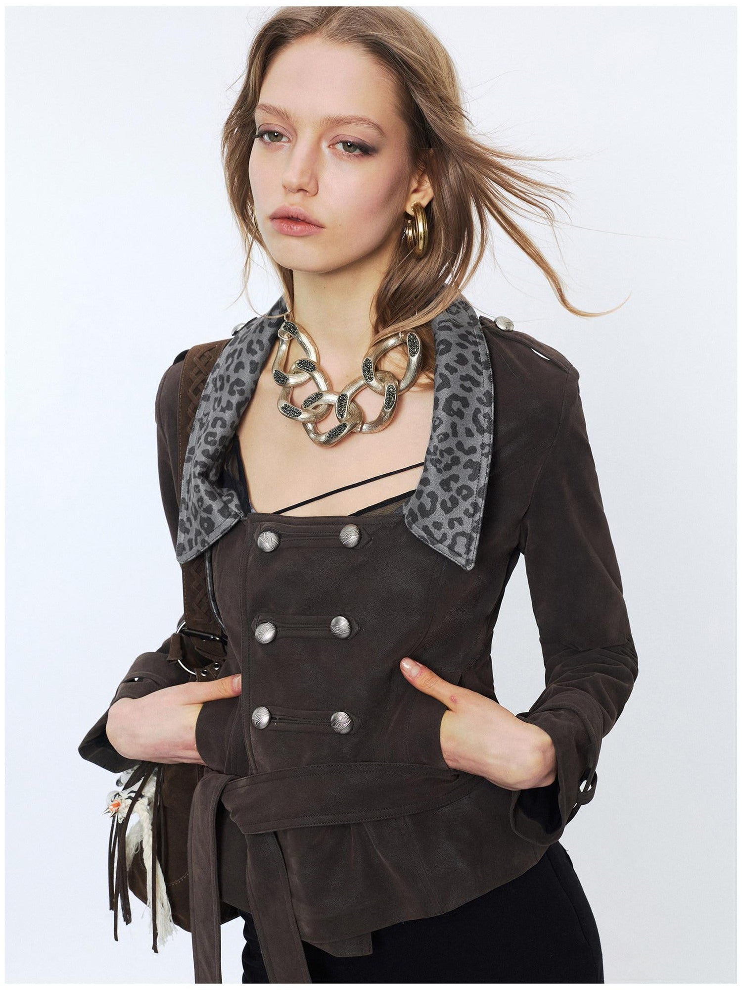 2th Desire Waist Cinch Punk Leopard Print Slim Fit Zip Short Women Trench Coats