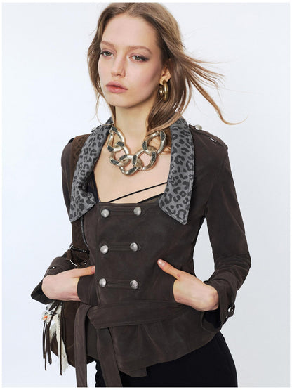 2th Desire Waist Cinch Punk Leopard Print Slim Fit Zip Short Women Trench Coats