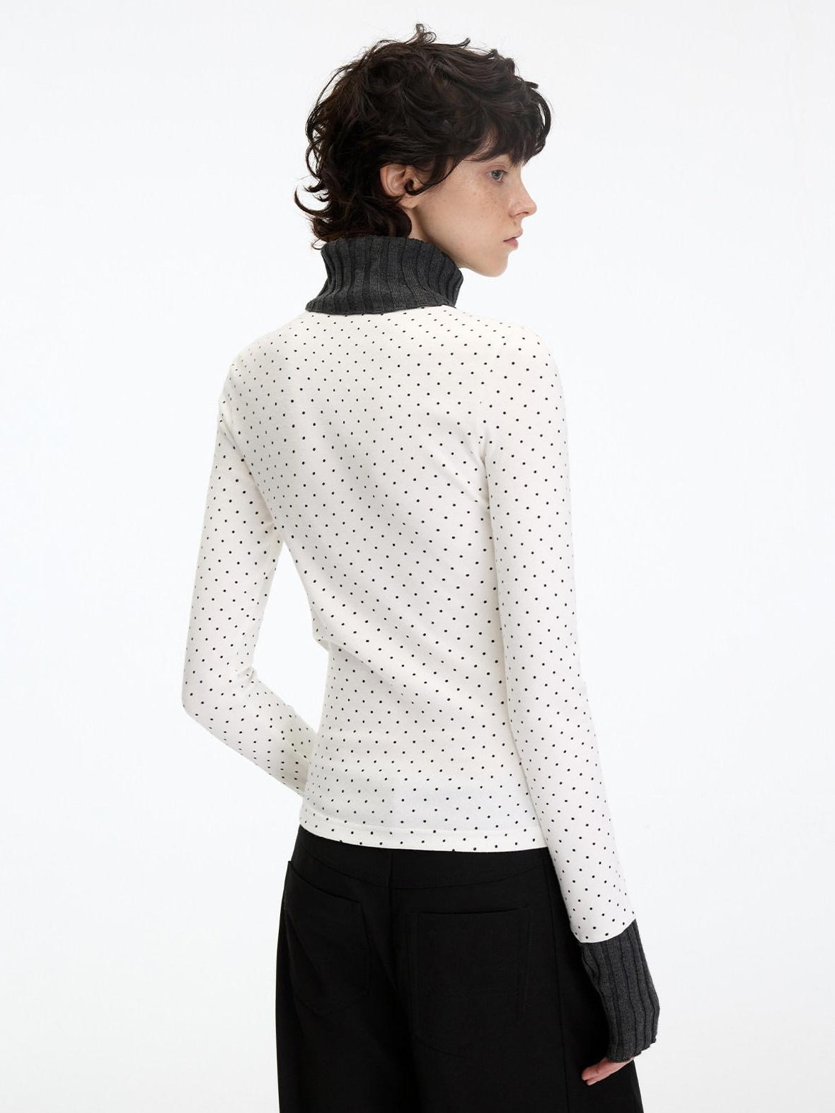 RUN TO THE FUTURE Polka Dot Patchwork High Neck Slim Fit Casual Women White Long Sleeve T-Shirts