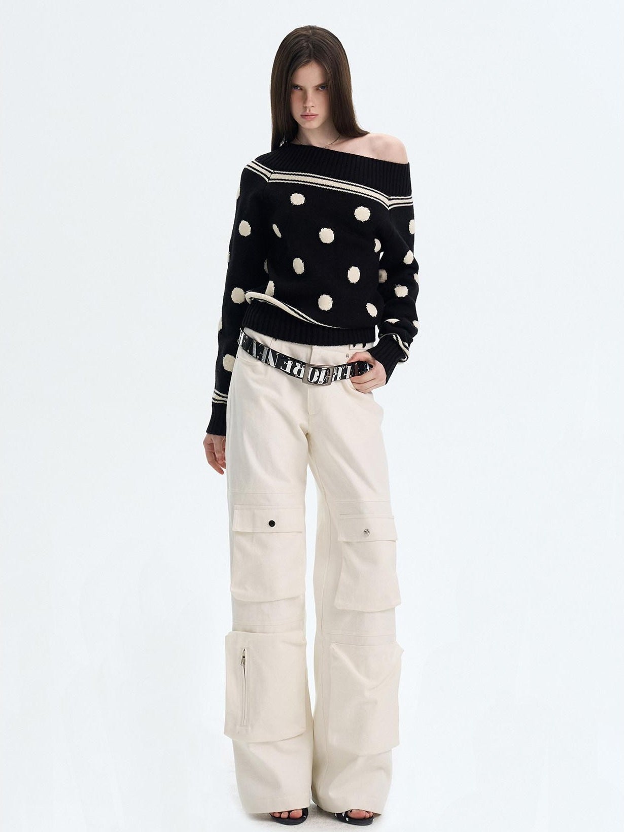 The NeverMore Cozy Thermal Acrylic Wool Polka Dot Boat Neck Relaxed Women Knit Sweaters