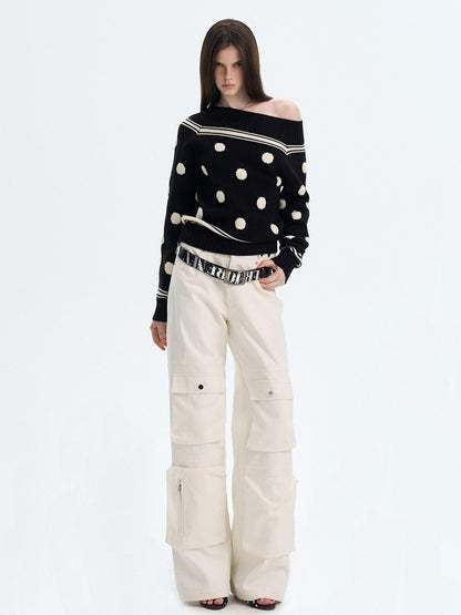 The NeverMore Cozy Thermal Acrylic Wool Polka Dot Boat Neck Relaxed Women Knit Sweaters