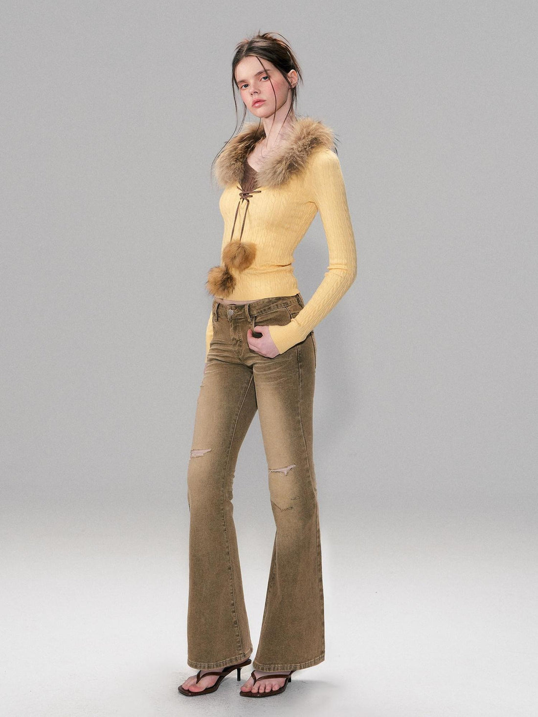 The NeverMore Viscose Blend Slim Fit Faux Layered Cropped Knit Pullover Girls Yellow Sweaters