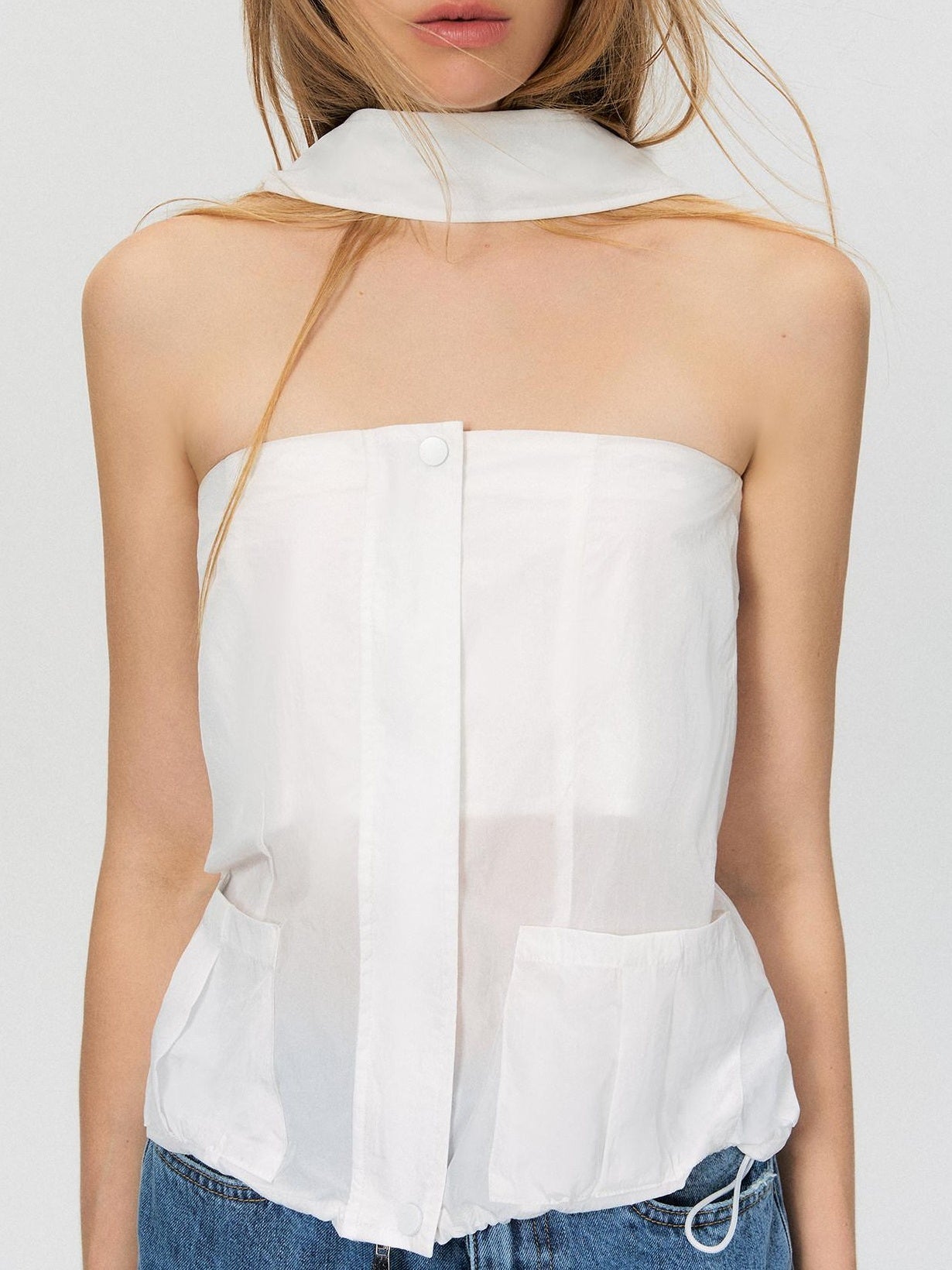 The NeverMore Zipper Front Slim Short Solid White Office Chic Strapless Tube Tops