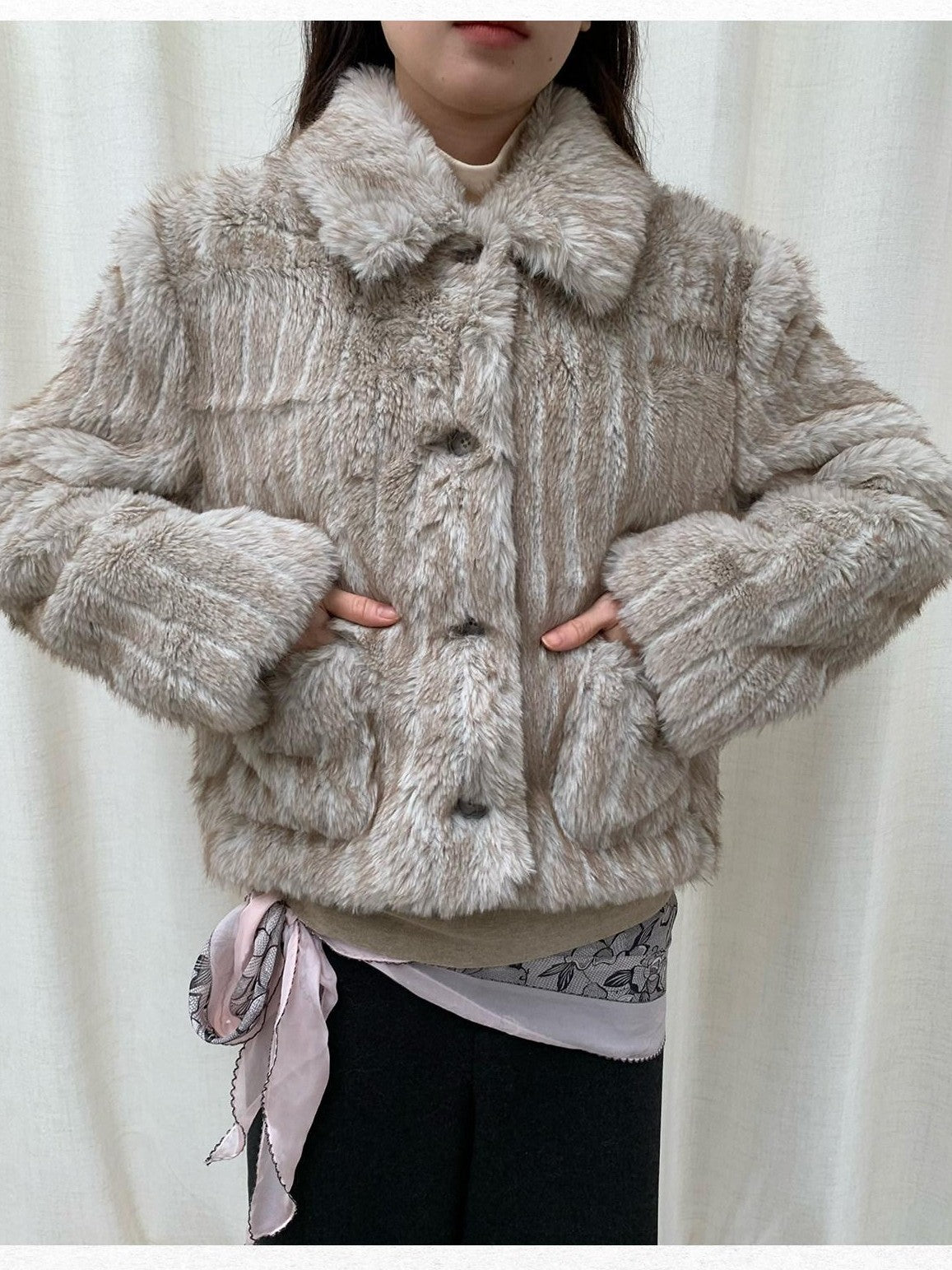 Dorydory Striped Turn Down Collar Eco Fur Textured Women&