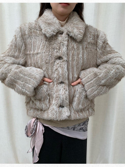 Dorydory Striped Turn Down Collar Eco Fur Textured Women&