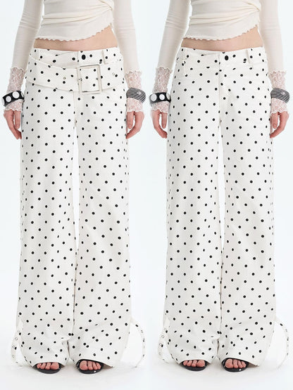The NeverMore White Polka Dot V Waist Loose Fit Button Fly Women Denim Straight Leg Jeans
