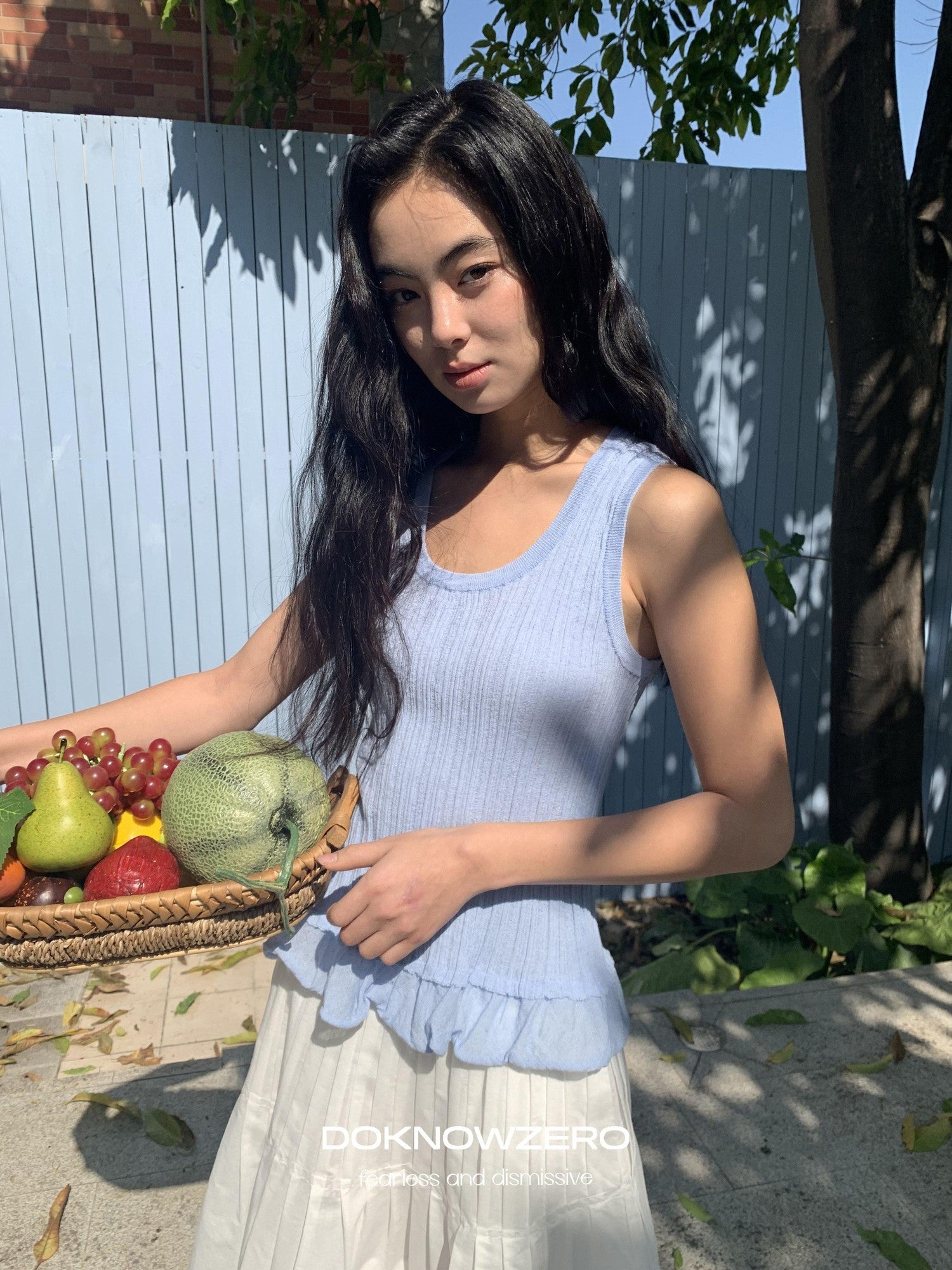 DKZ OFFICIAL Ribbed Knit Ruffle Hem U Neck Racerback Women&