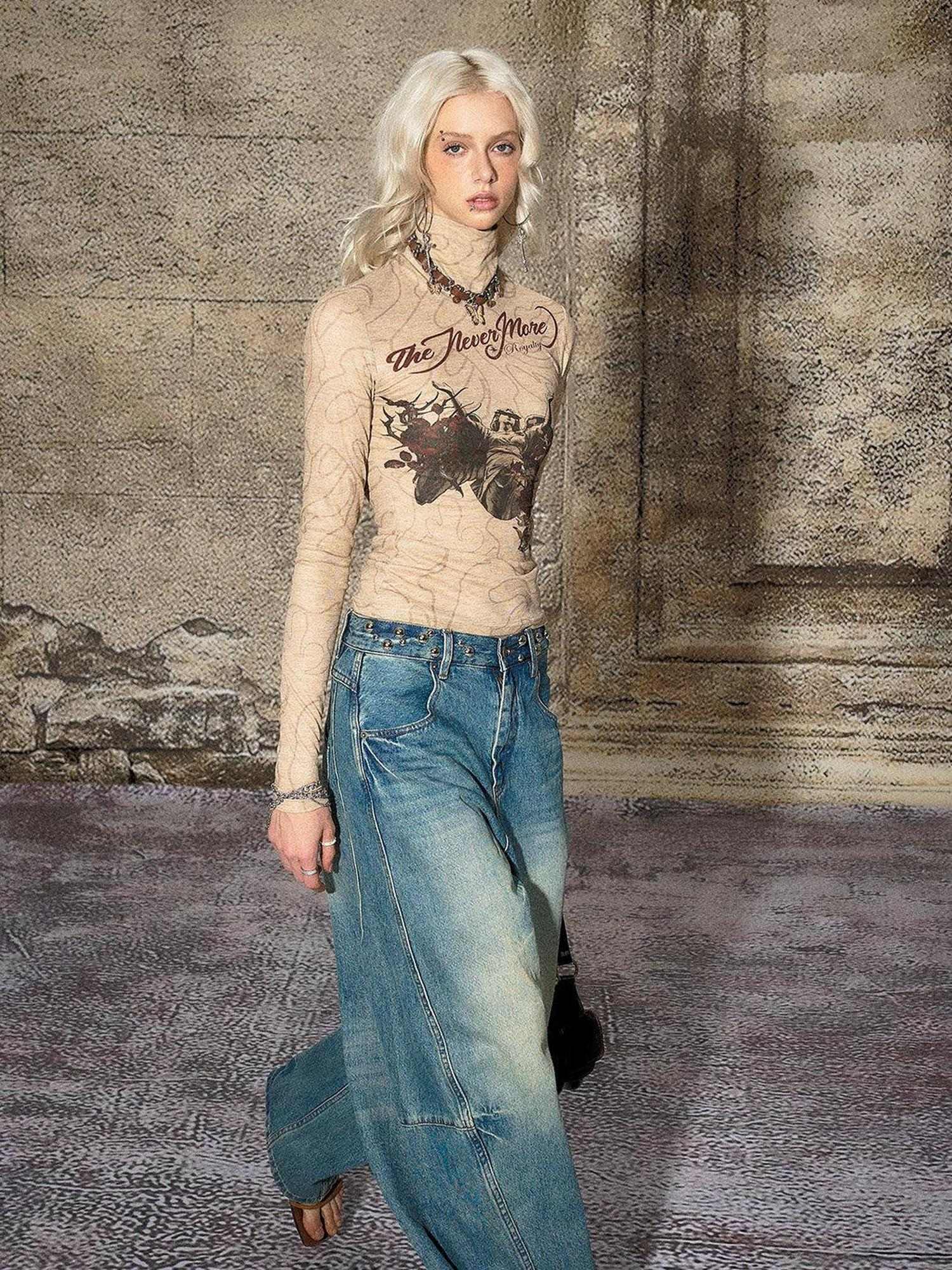The NeverMore Durable Distressed Relaxed Loose Natural Waist Blue Denim Wide Leg Jeans